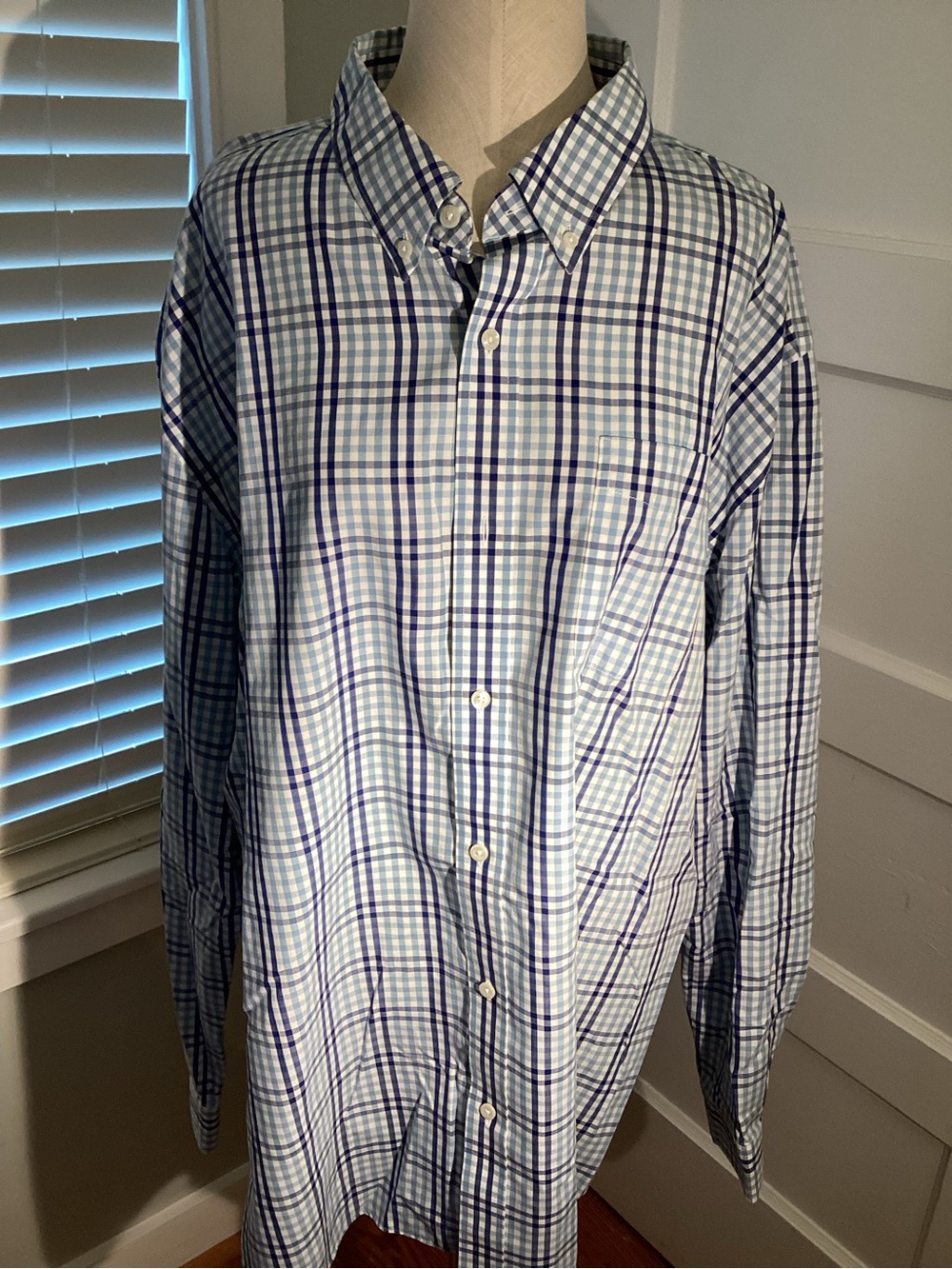 L.L. Bean Men's NO IRON White and Blue Plaid Button-Down Shirt